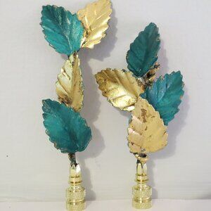Vintage Italian Tole Gold Leaf Table Lamp Finials. Brilliant Gold and Green